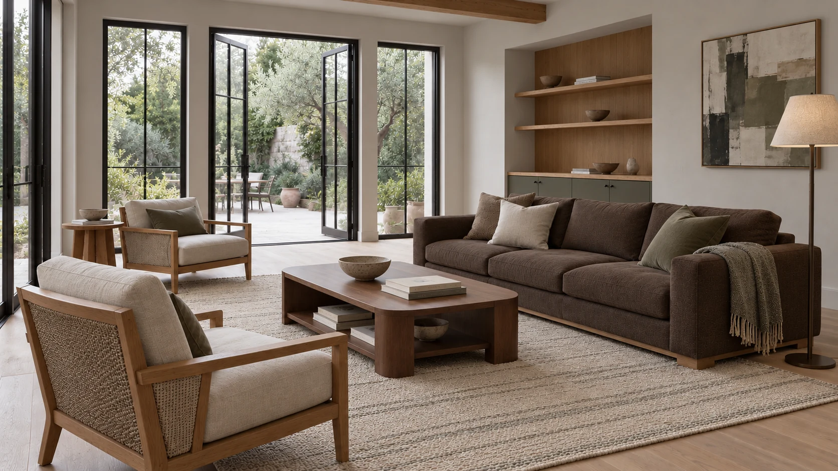 Apartment living concept with timber lounge chairs, a deep brown upholstered sofa and a low timber table