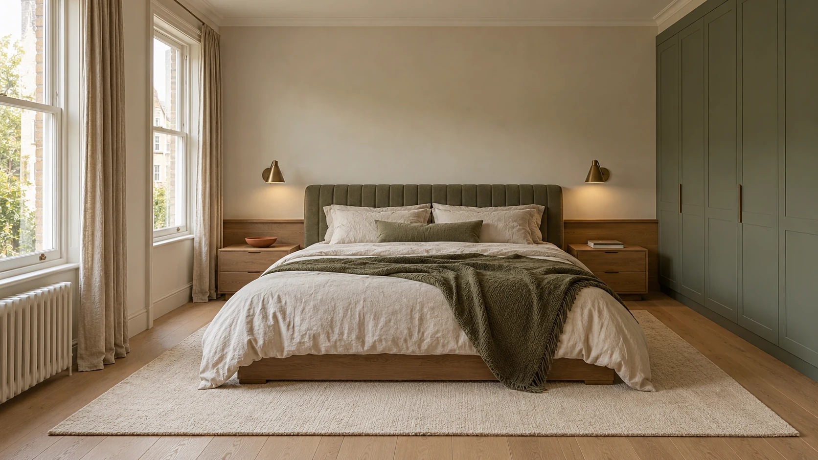 Guest-room furniture concept with a timber bed frame, olive upholstered headboard, timber bedside tables and coordinated wardrobe